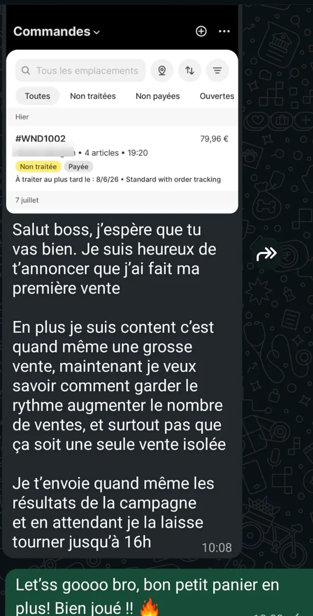 Message d'un élève qui annonce sa première vente, une commande de 79,96 €