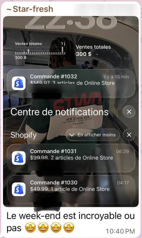Notifications Shopify d'un élève : 300 $ de ventes sur le week-end