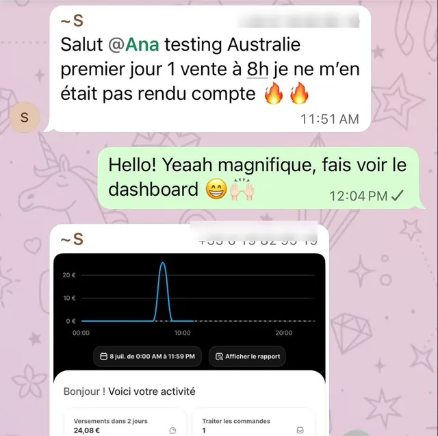 Message d'un élève : une vente dès le premier jour de test en Australie
