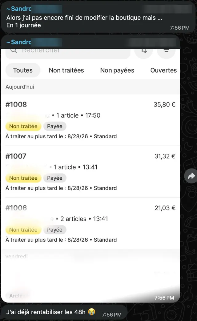 Commandes d'un élève avec son message « j'ai déjà rentabilisé les 48 h »